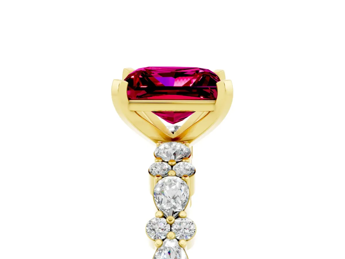 Princess Cut Garnet Side Stone Solitaire Ring with Round and Four-Prong Setting Yellow gold