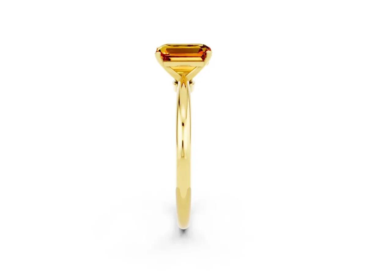 Emerald Cut Citrine Solitaire Ring with Six-Prong Setting and Classic Band Yellow gold