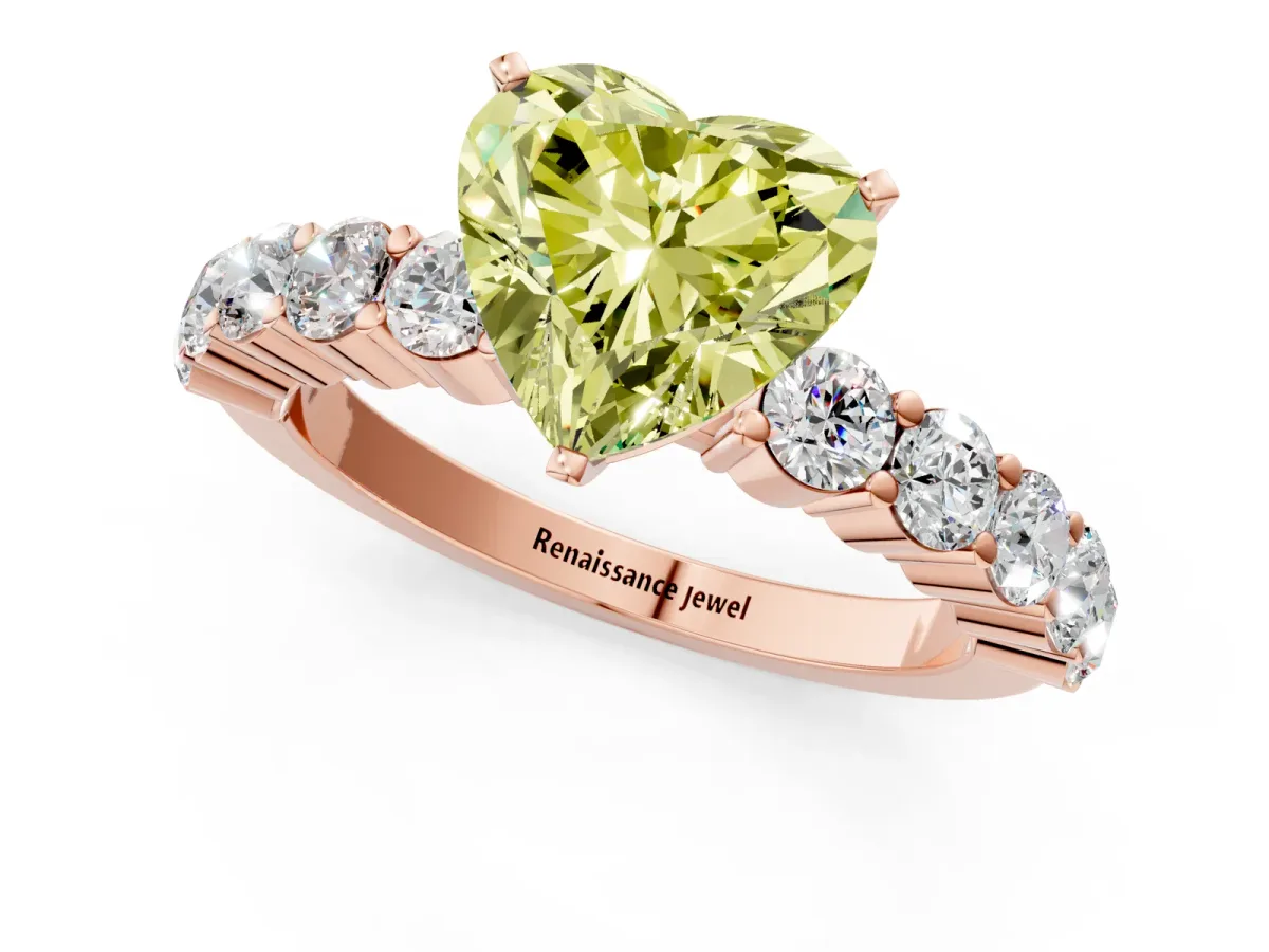 Fancy Yellow Heart Cut Diamond Solitaire Ring with Shared Prong Round Side Stones Rose gold