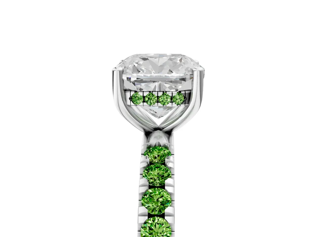 Cushion Cut Diamond Pave Band Solitaire Ring with Round Peridot and Prong Setting Silver