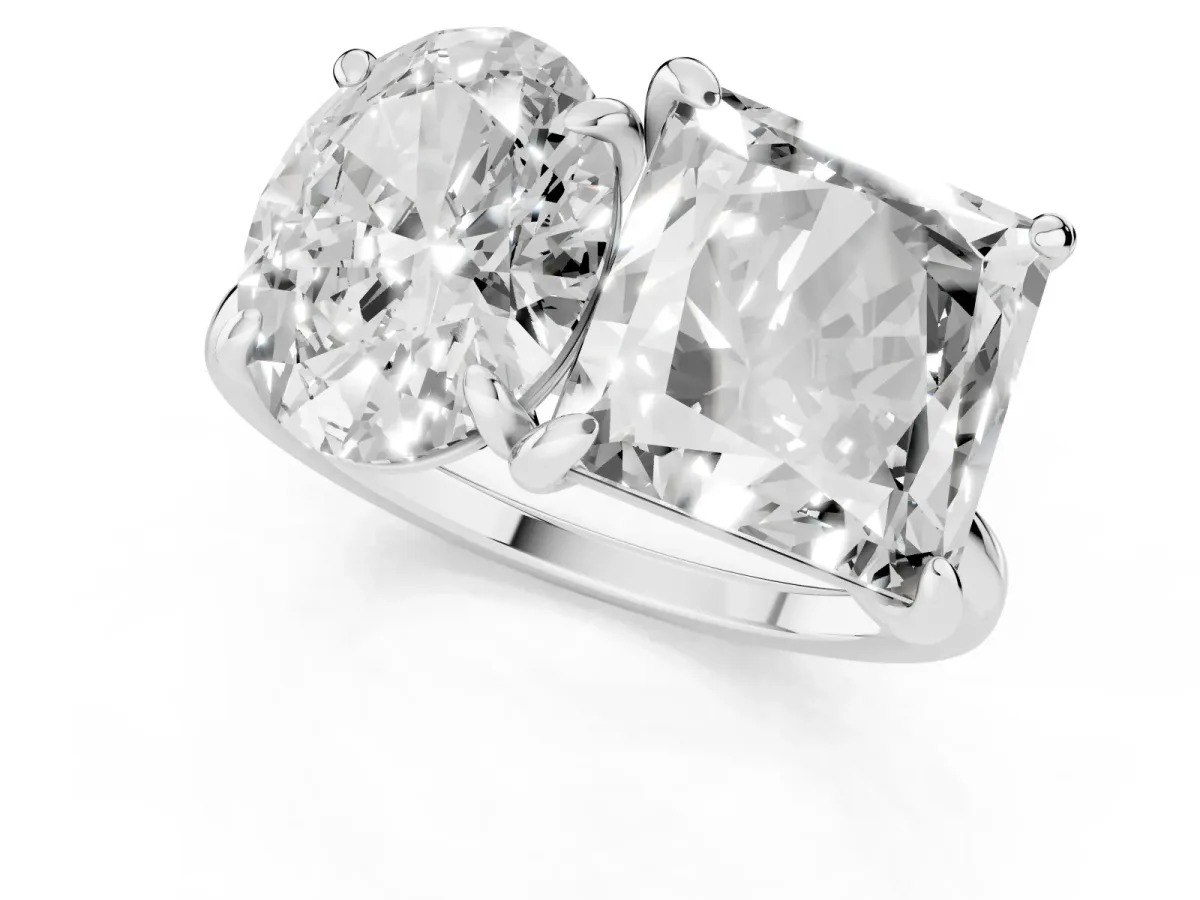 Oval and Princess Toi Moi Ring with Prong Setting and Plain Band Platinum