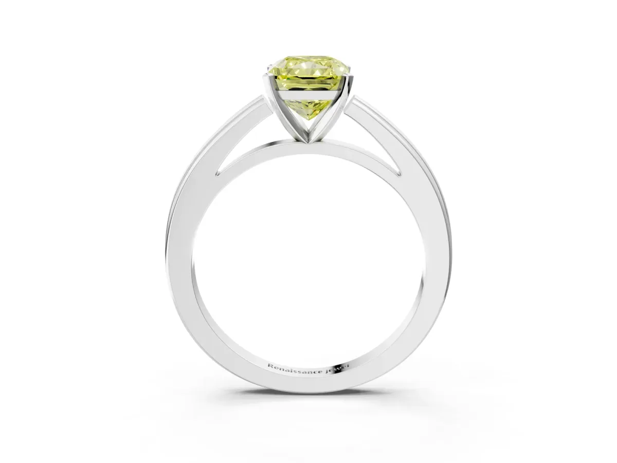 Fancy Yellow Radiant Cut Solitaire Diamond Ring with Four-Prong Setting and Classic Band Platinum