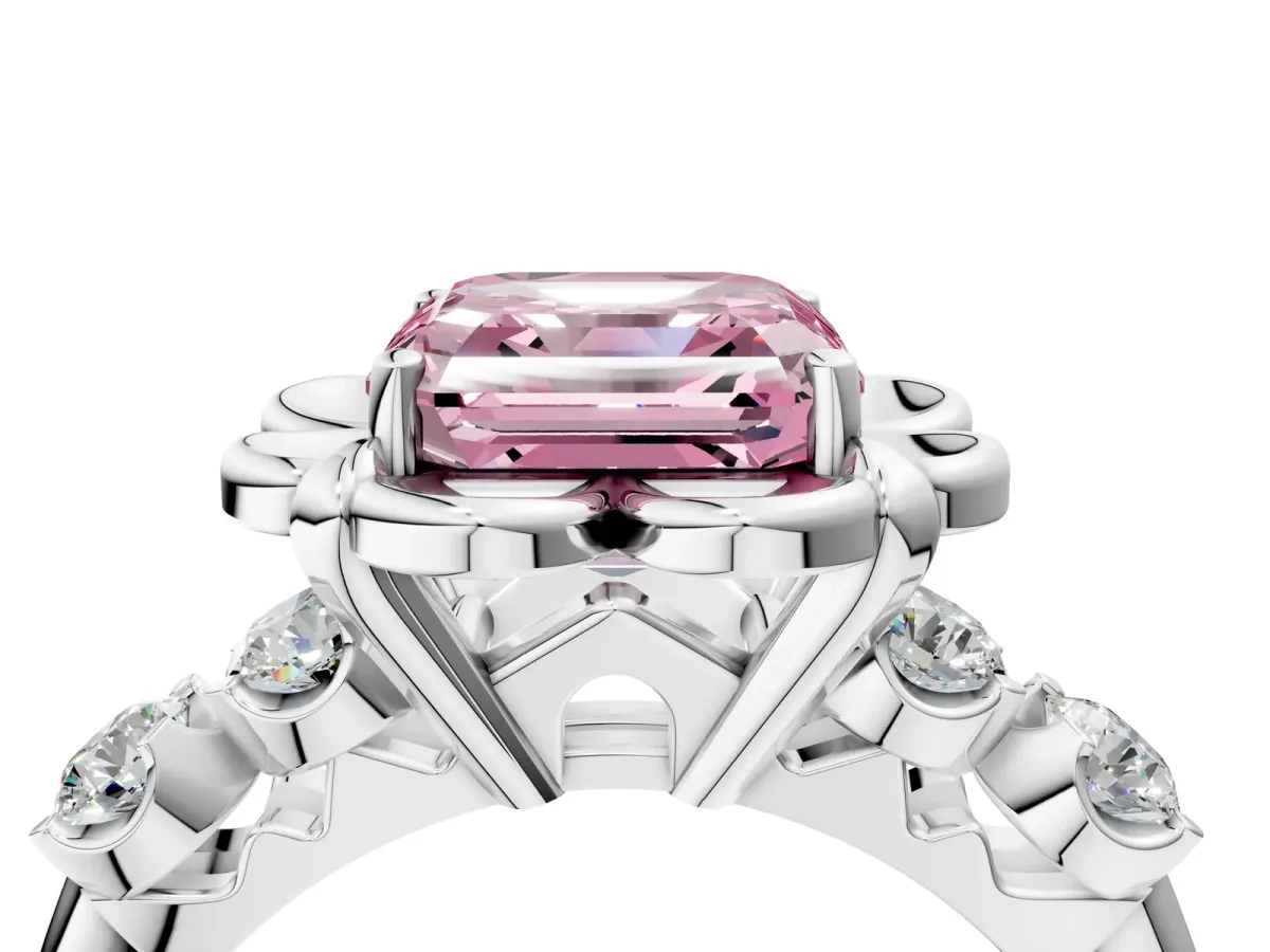 Fancy Pink Asscher Cut Cut Diamond Floral Halo Engagement Ring with Shared Prong Setting Silver