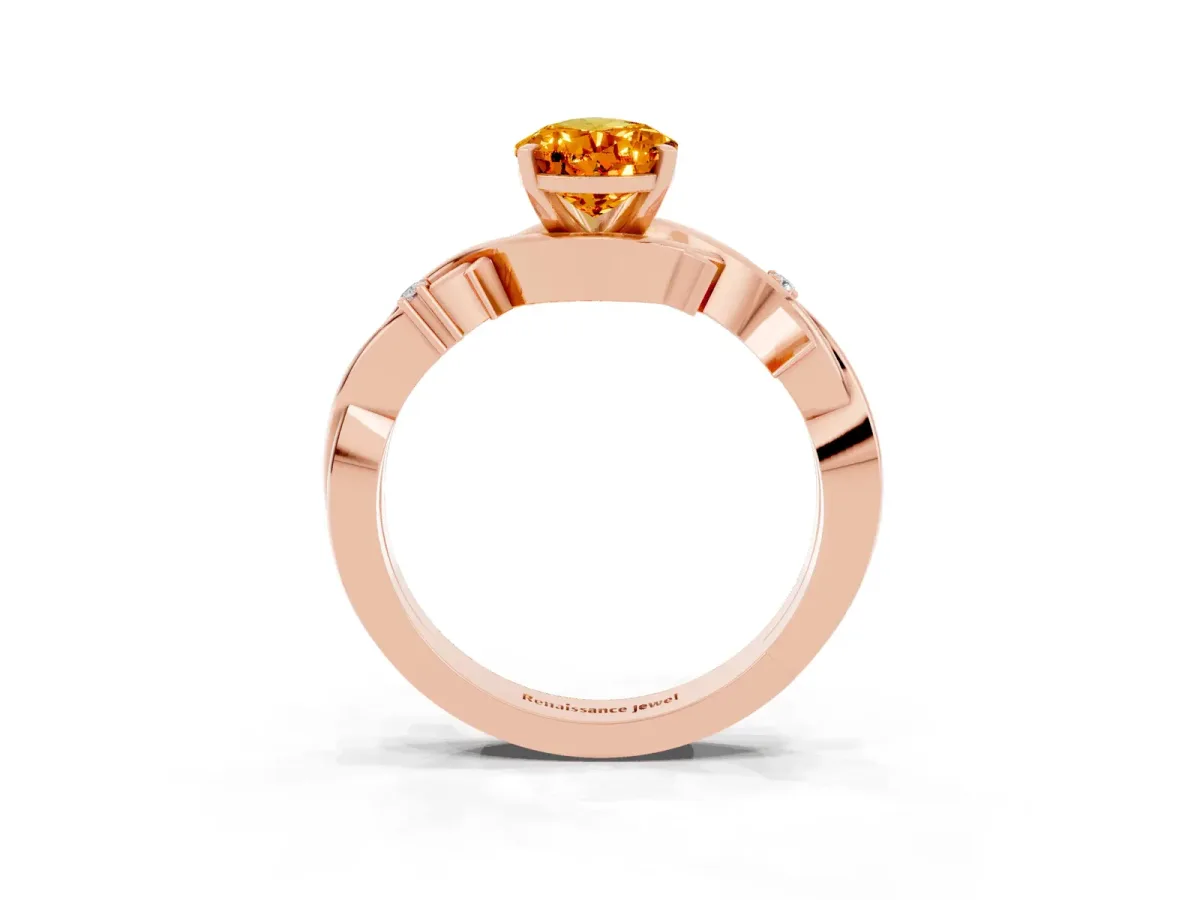 Pear Cut Citrine Solitaire Ring with Twisted Band and Prong Setting Rose gold