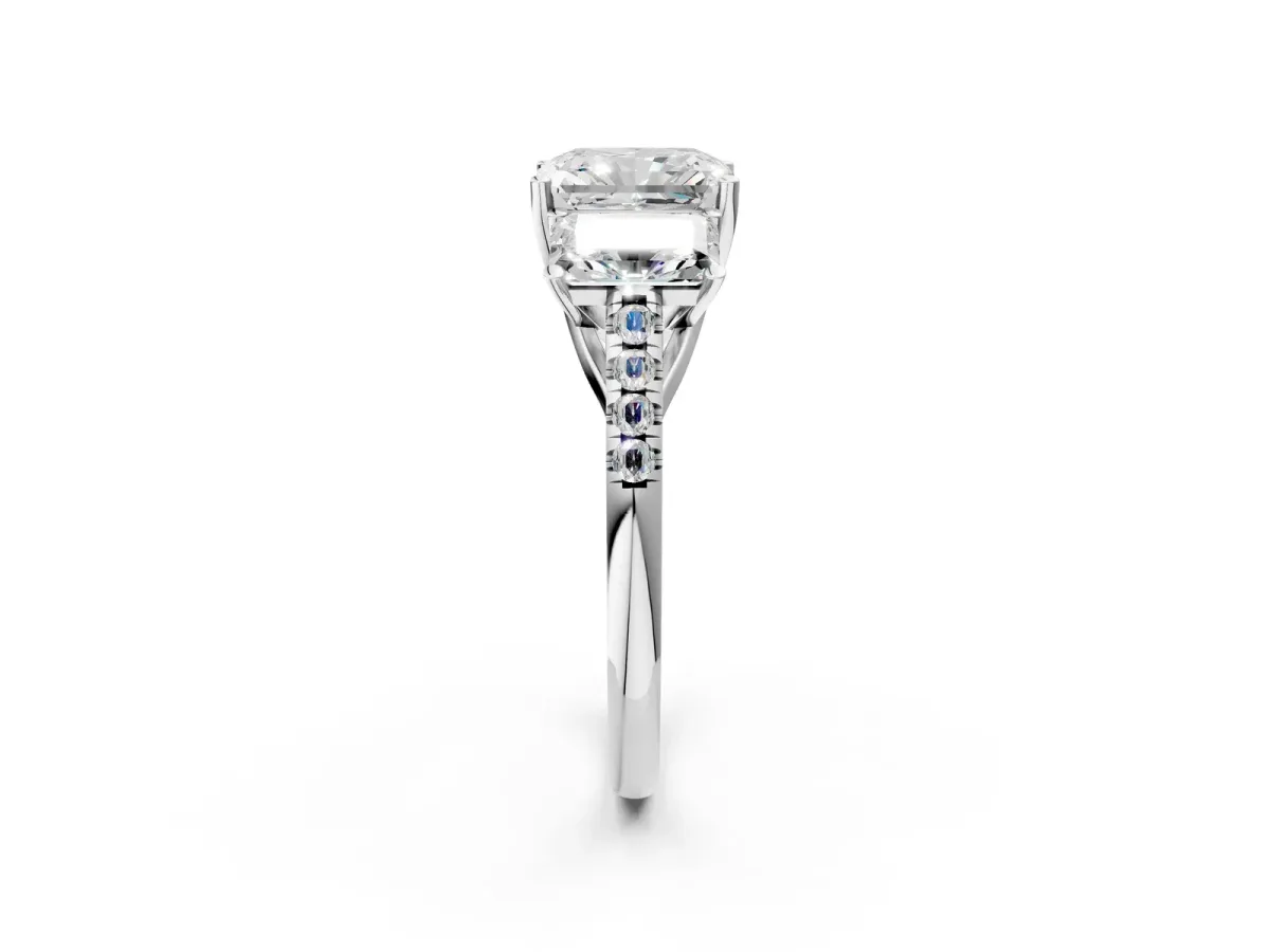 Three-Stone Radiant Cut Diamond Ring with Round Moissanite Pavé Band and Prong Setting Silver