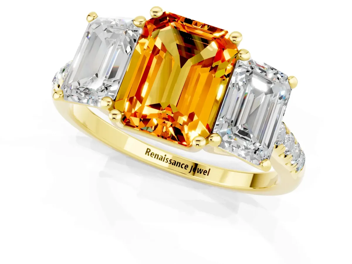 Three-Stone Emerald Cut Citrine Ring with Round Pavé Band and Prong Setting Yellow gold