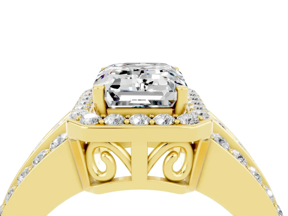 Emerald Cut Halo Moissanite Ring with Round Split Shank and Prong Setting Yellow gold