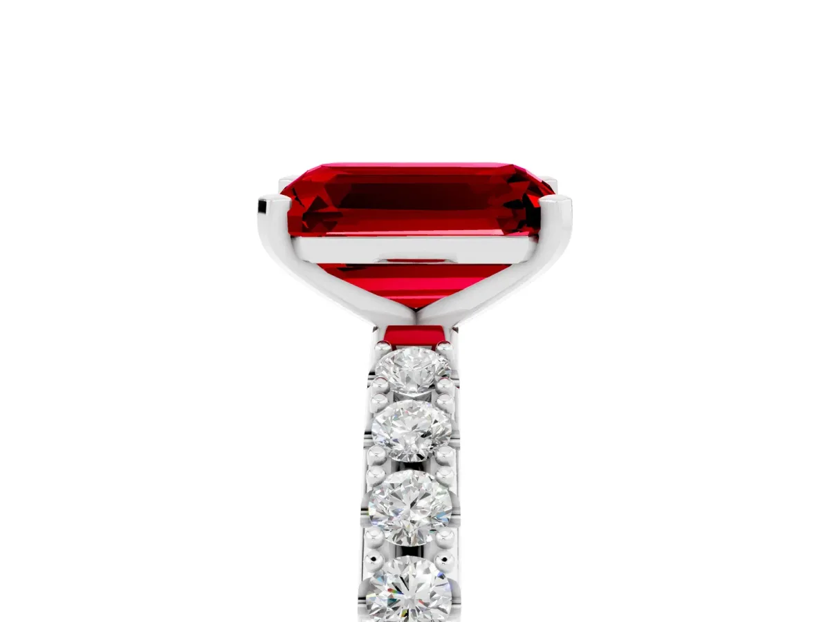 Emerald Cut Ruby Solitaire Pavé Band with Four-Prong Setting White gold