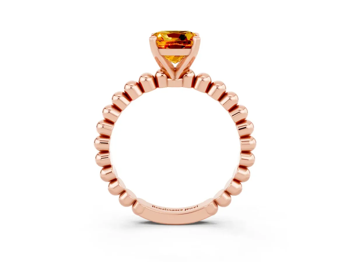 Cushion Cut Citrine Solitaire Ring with Beaded Band and Prong Setting Rose gold