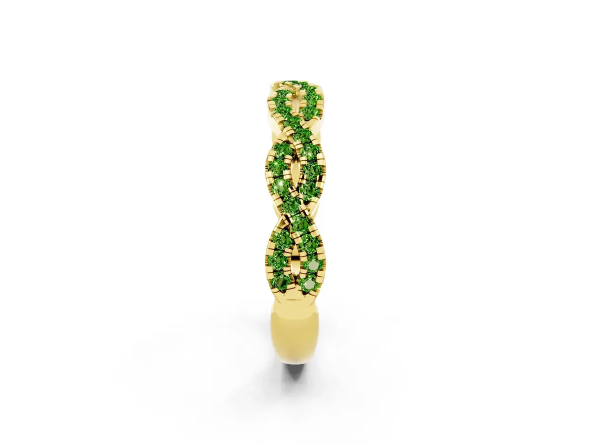 Round Peridot Twisted Eternity Band with Pavé and Shared Prong Setting Yellow gold