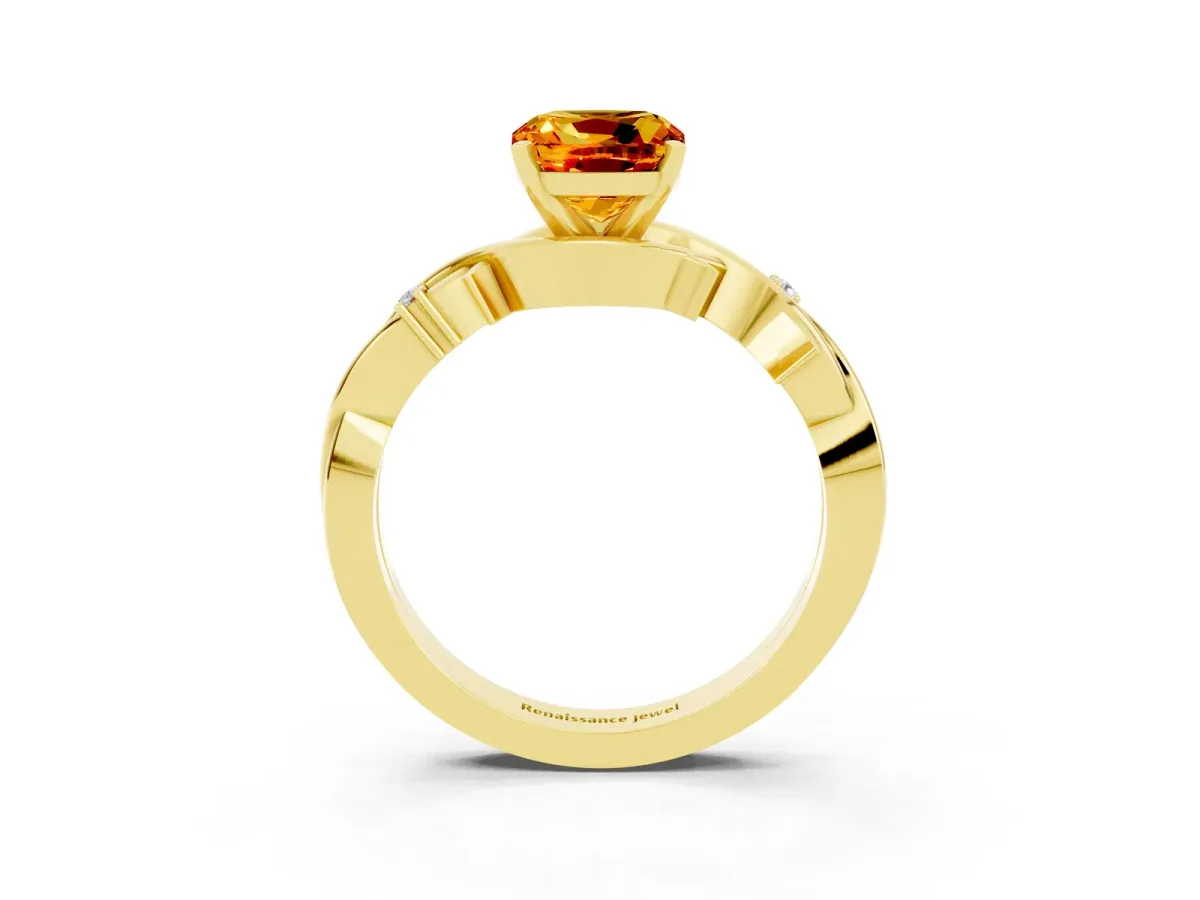 Cushion Cut Citrine Solitaire Ring with Twisted Band and Prong Setting Yellow gold
