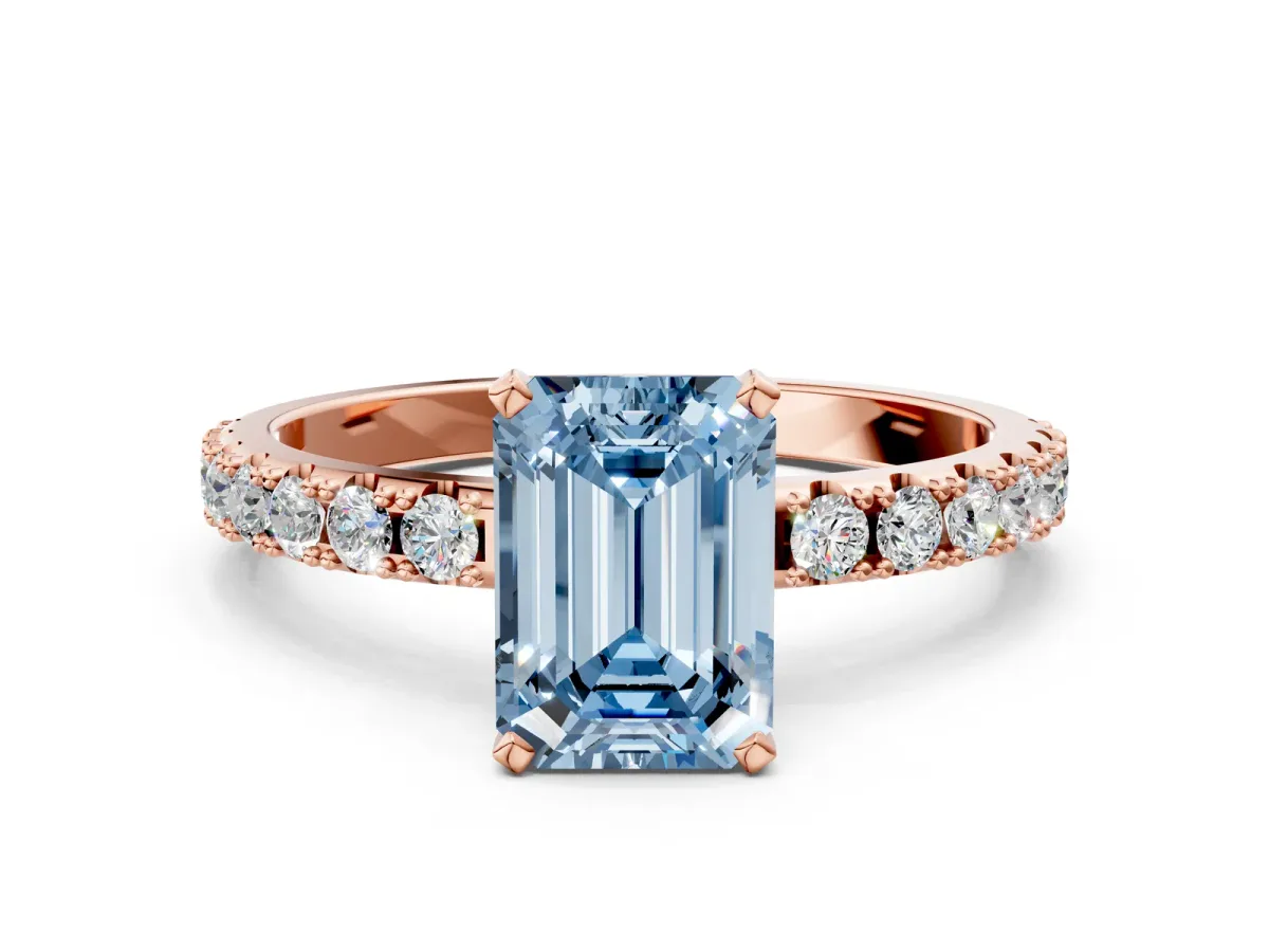 Fancy Blue Emerald Cut Diamond Solitaire Pavé Band with Four-Prong Setting Rose gold