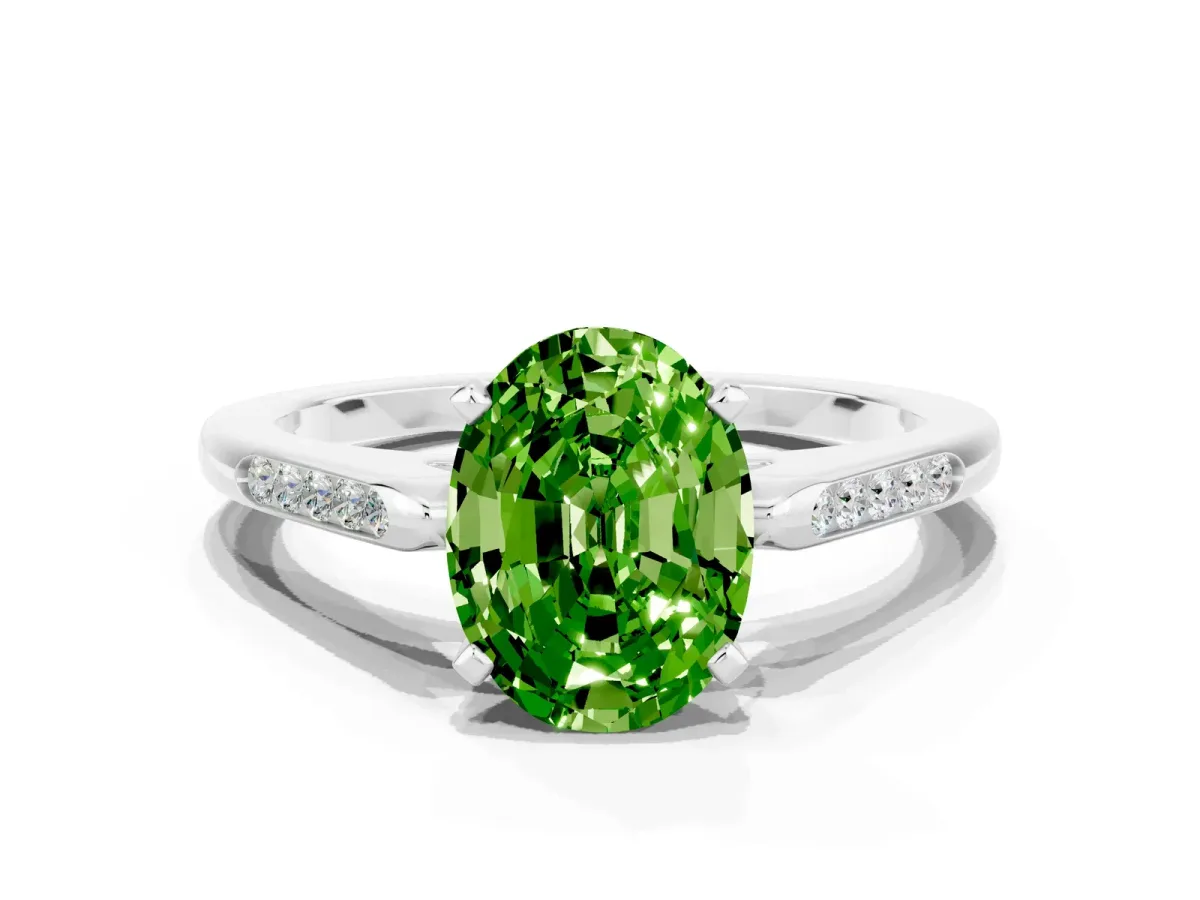 Oval Cut Peridot Solitaire Ring with Channel Set Round Band and Prong Setting Silver