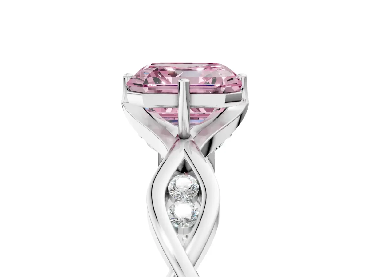 Fancy Pink Asscher Cut Solitaire Twist Band with Leaf Prong Setting Platinum