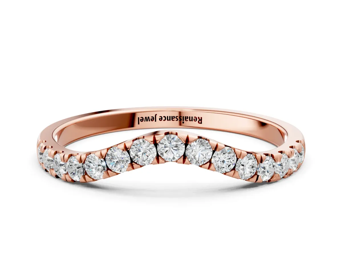 Curved Pavé Round Diamond Wedding Band with Shared Prong Setting Rose gold