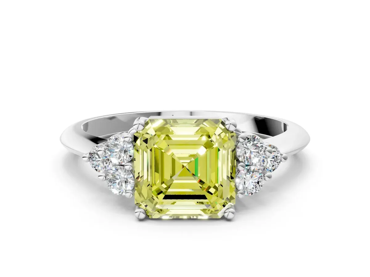 Fancy Yellow Asscher Cut Cut Diamond Cluster Ring with Solitaire Band and Four-Prong Setting Platinum