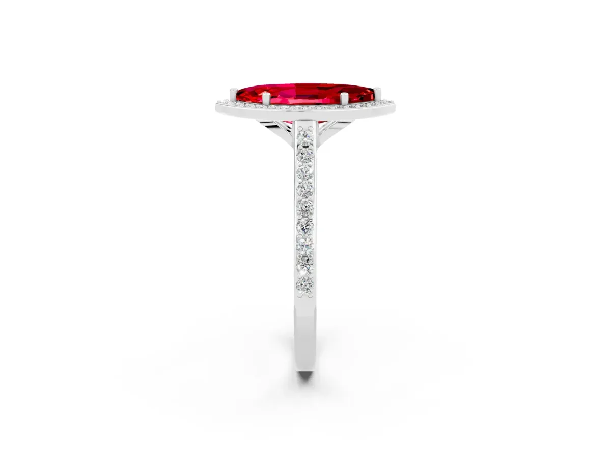 Marquise Cut Ruby Halo Engagement Ring with Round Pavé Shoulders and Prong Setting Platinum