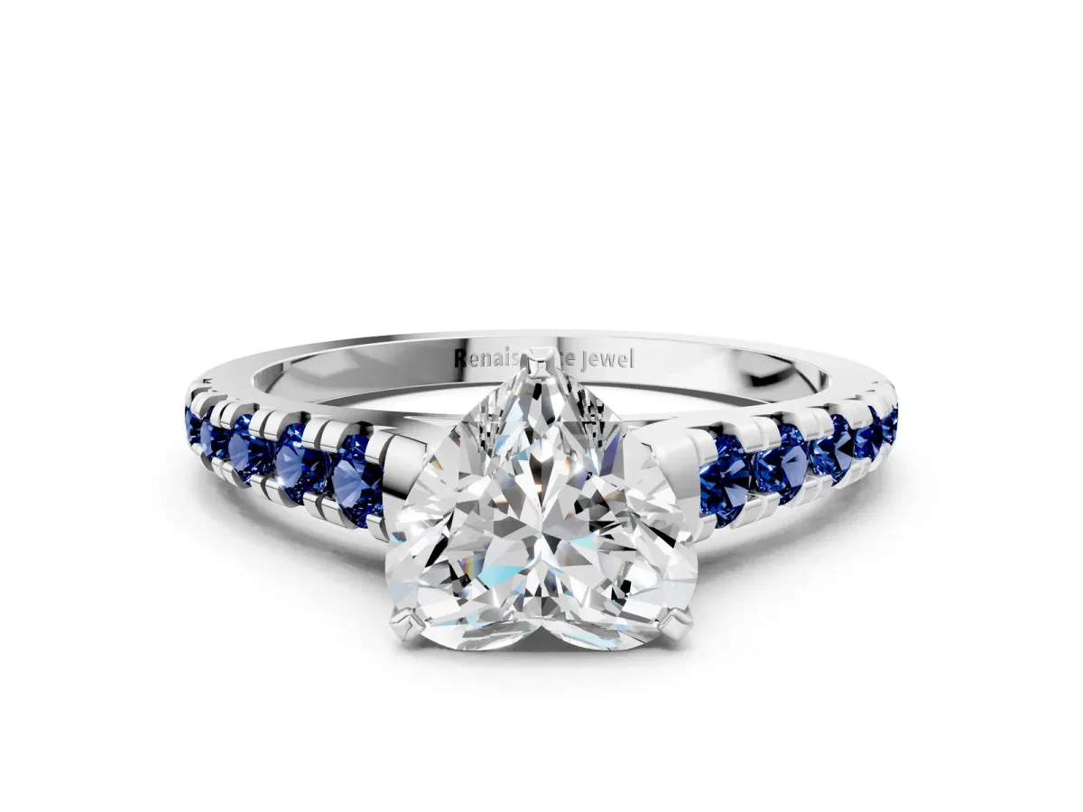 Heart Cut Diamond Cathedral Solitaire Ring with Round Blue Sapphire Pavé Band Silver