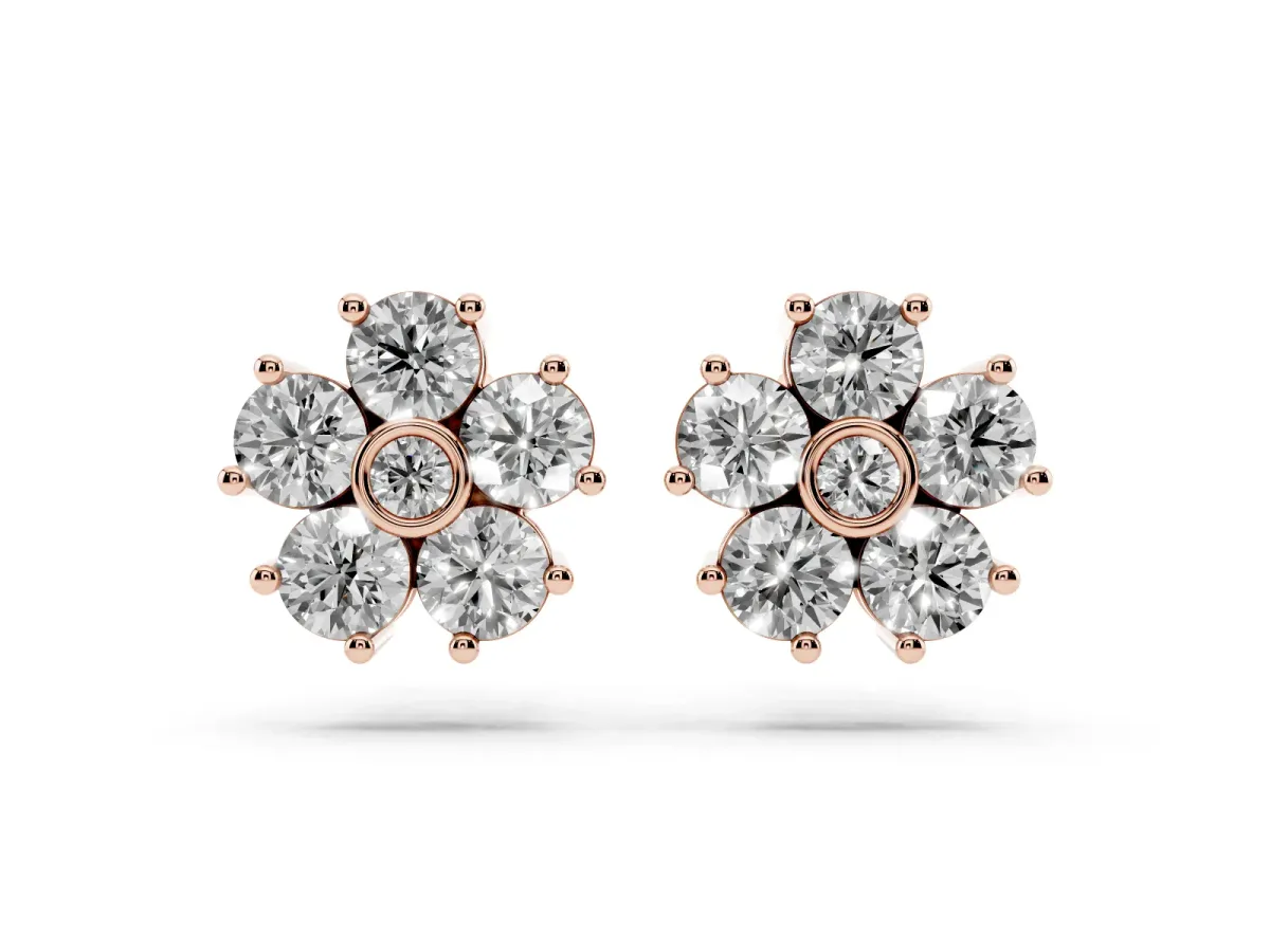 Round Diamond Flower Stud Earrings with Diamond Accent Rose gold