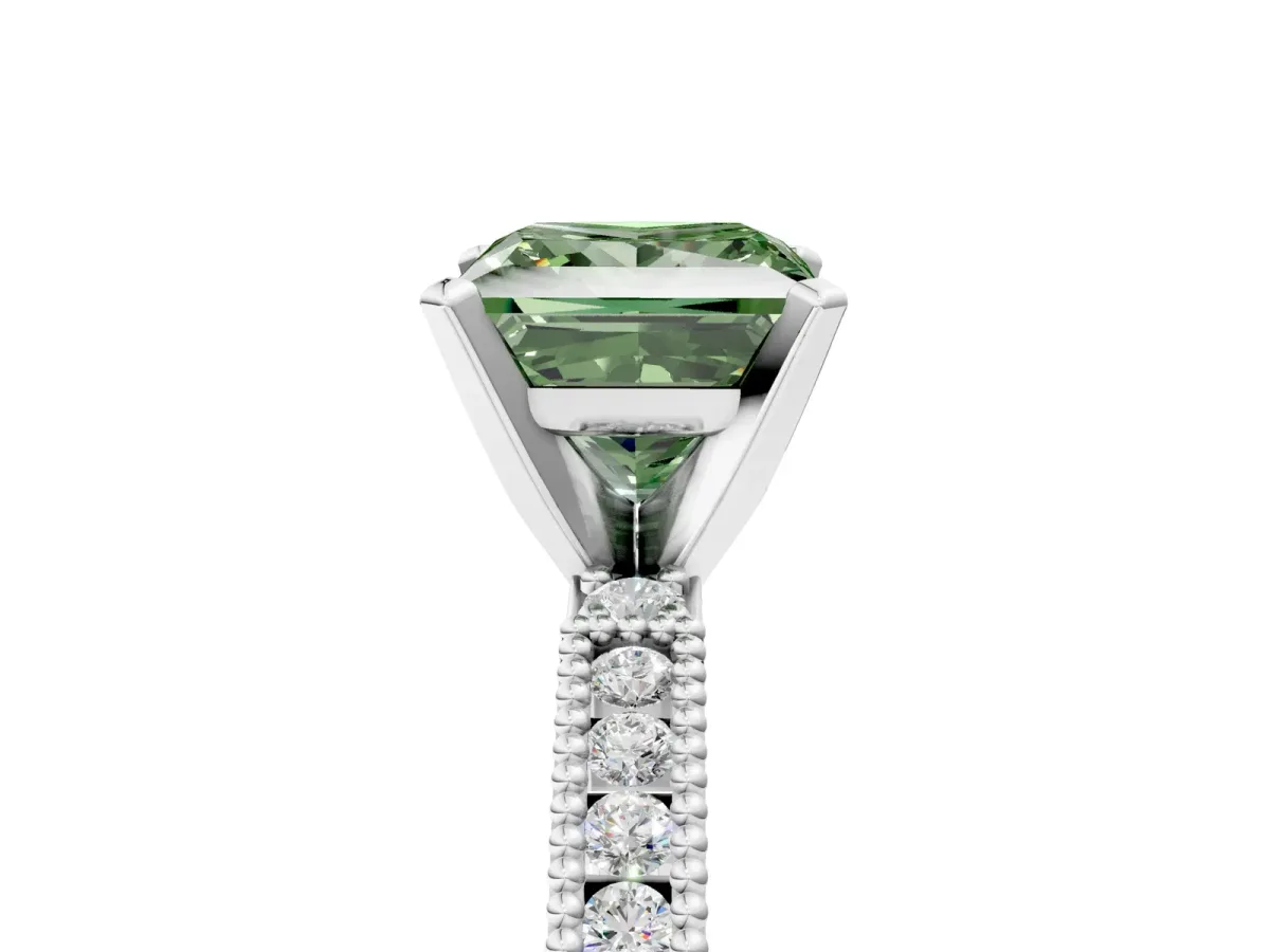 Fancy Green Princess Cut Solitaire with Pavé Band and Four-Prong Setting Silver