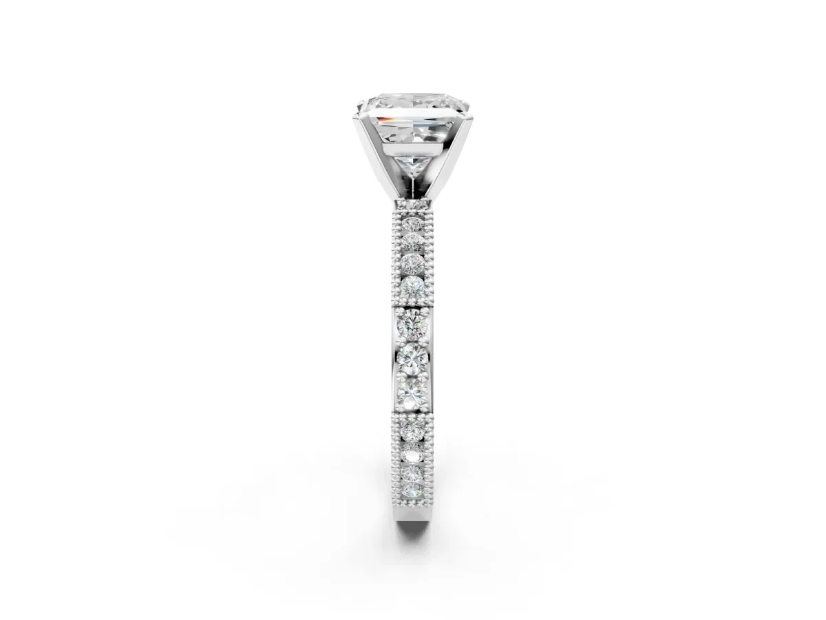 Princess Cut Solitaire with Pavé Band and Four-Prong Setting Silver