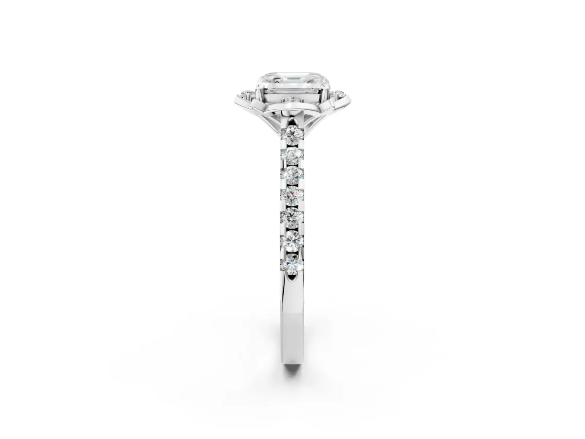 Asscher Cut Diamond Ring with Pavé Band and Floral Prong Setting Platinum