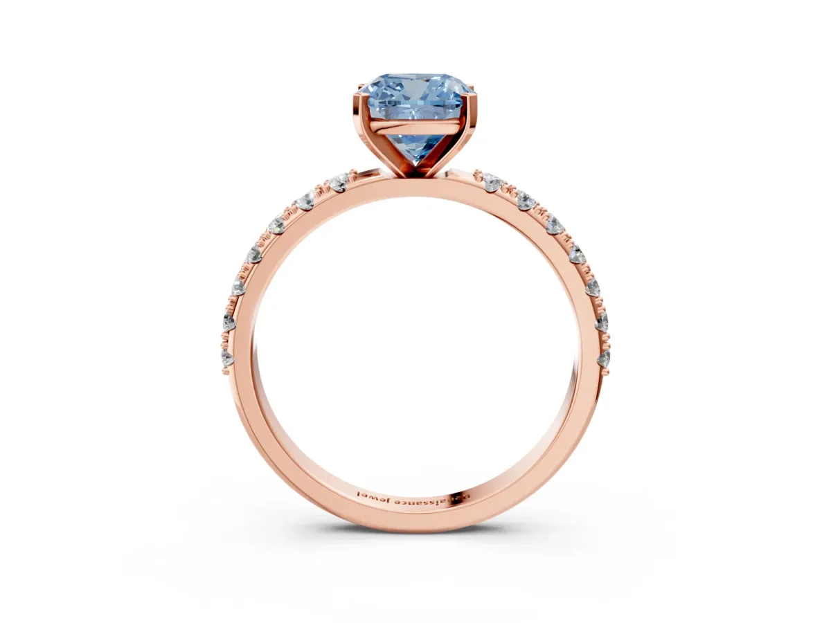 Fancy Blue Cushion Cut Diamond Solitaire Pavé Band with Four-Prong Setting Rose gold