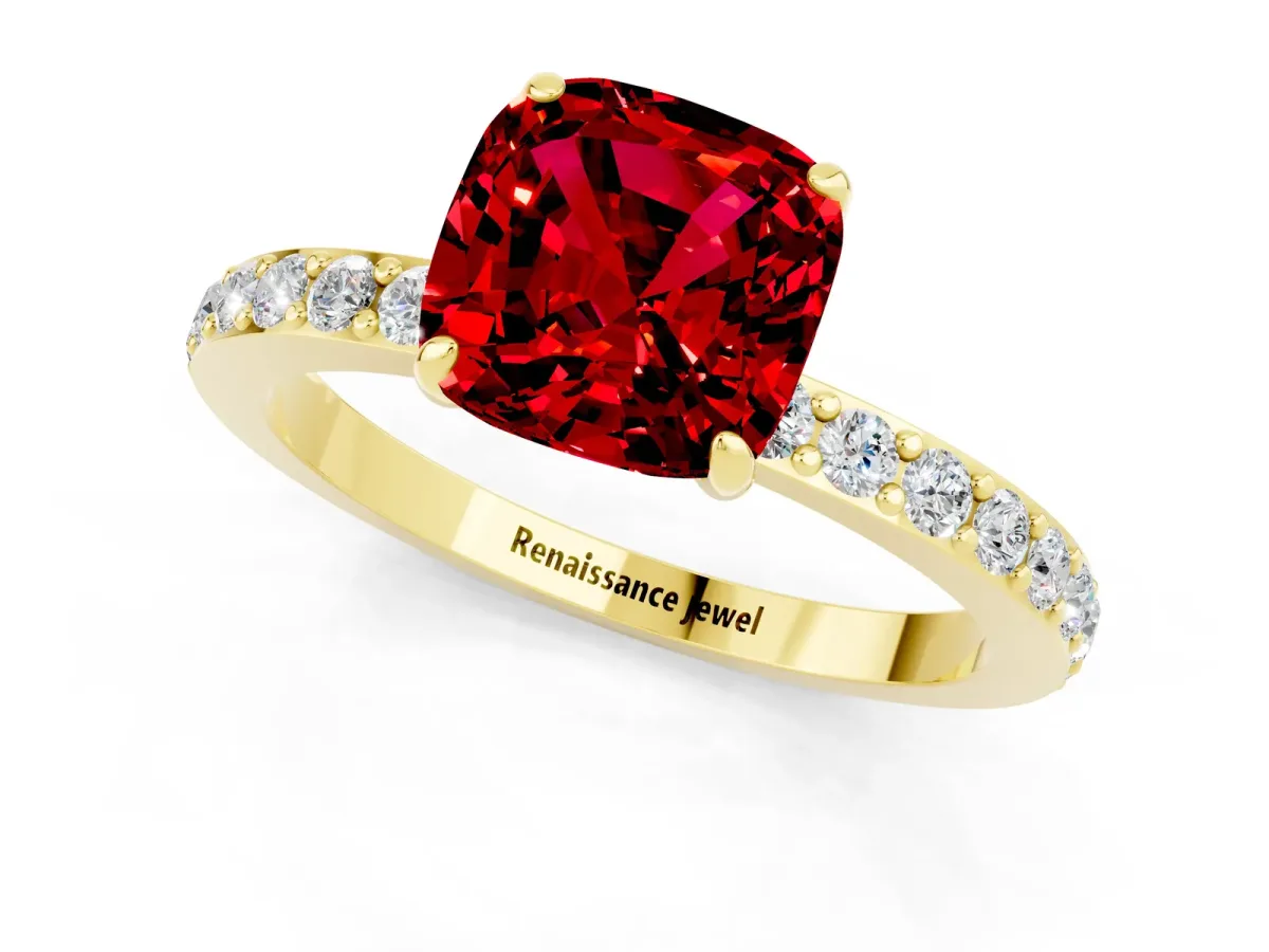 Cushion Cut Ruby Solitaire Engagement Ring with Pavé Band and Four-Prong Setting Yellow gold