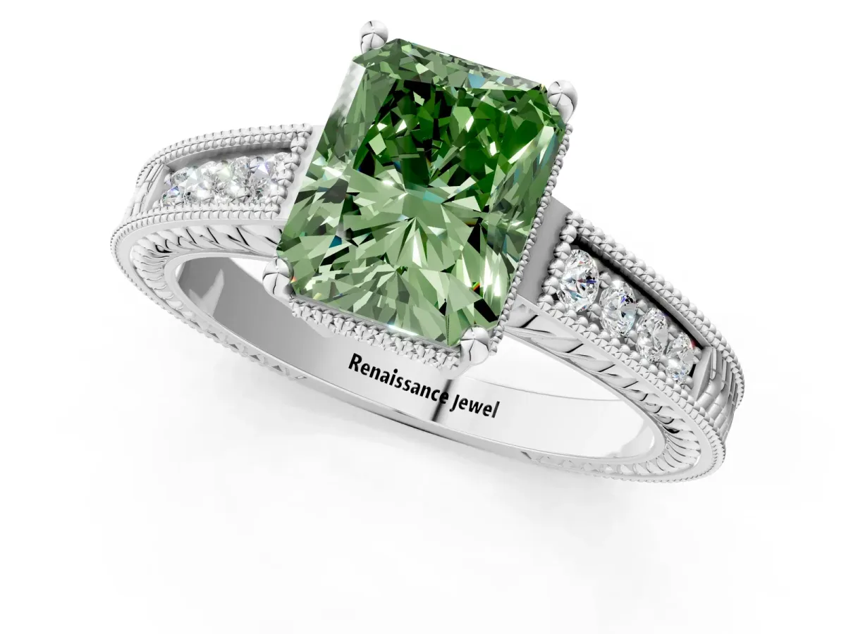 Fancy Green Radiant Cut Cut Diamond Milgrain Pave Band Four-Prong Setting Ring Platinum