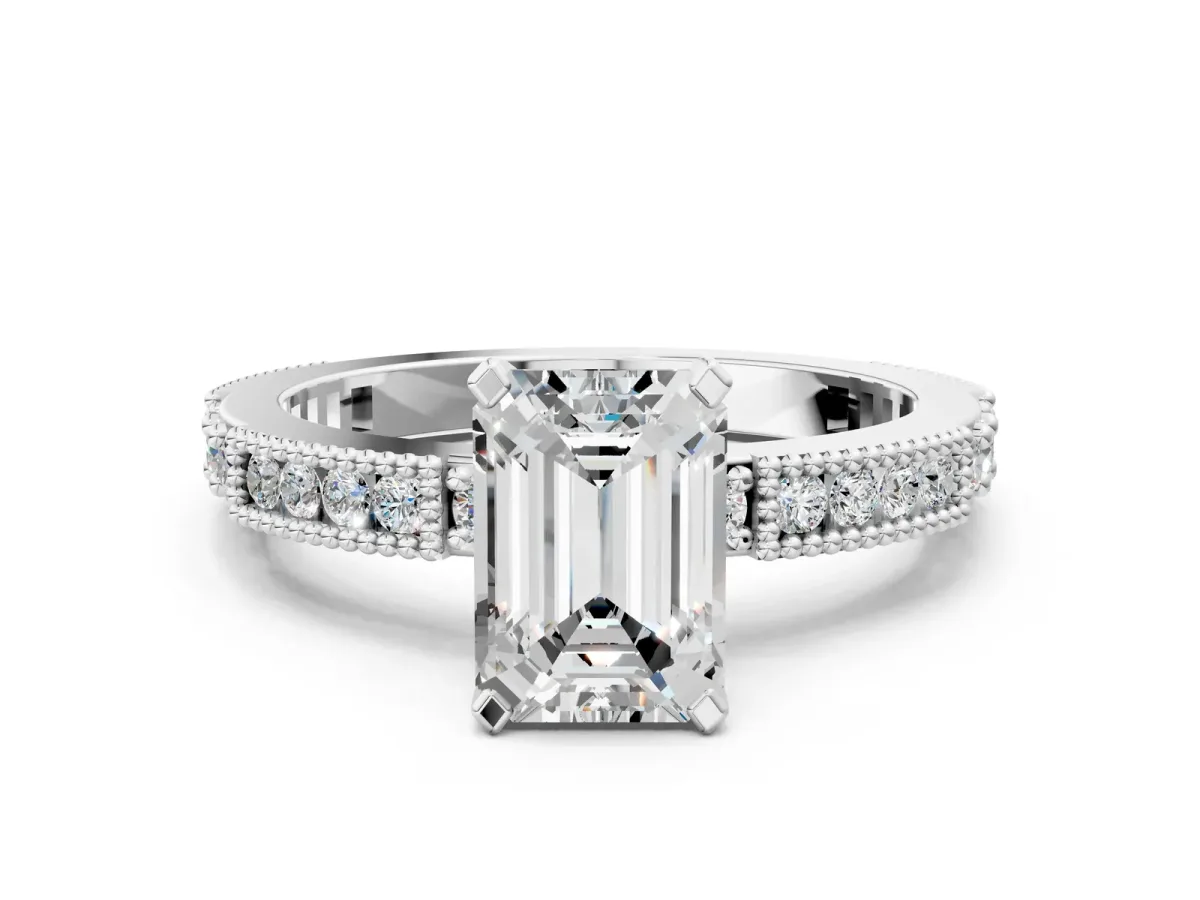 Emerald Cut Solitaire with Pavé Band and Four-Prong Setting White gold