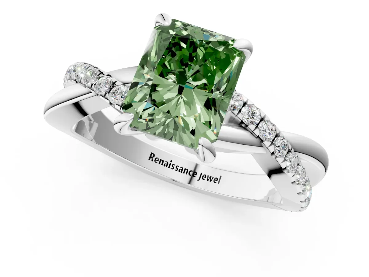 Fancy Green Radiant Cut Cut Twist Band Solitaire Diamond Ring with Pavé Setting Platinum