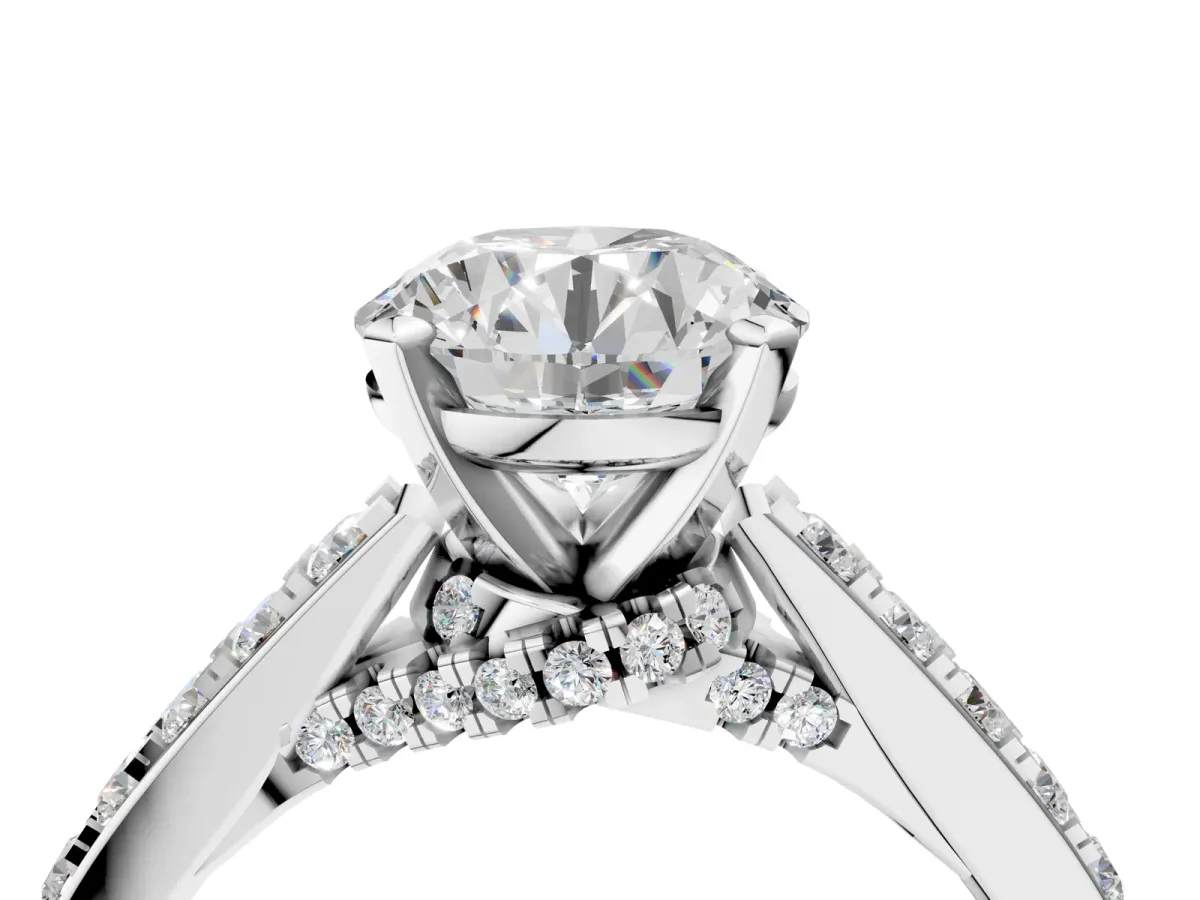 Round Cut Diamond Solitaire Ring with Crossover Gallery and Round Pavé Band Silver