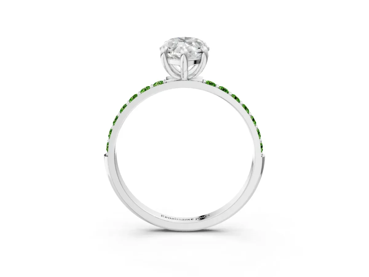 Marquise Cut Diamond Solitaire Ring with Round Peridot Pavé Band and Prong Setting Silver