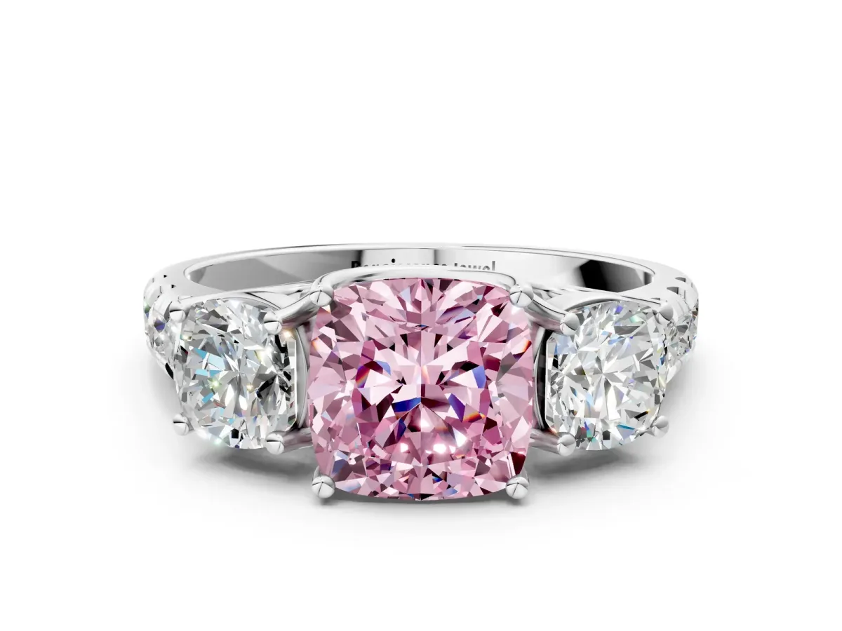 Fancy Pink Three-Stone Cushion Cut Diamond Pavé Band with Prong Setting Platinum