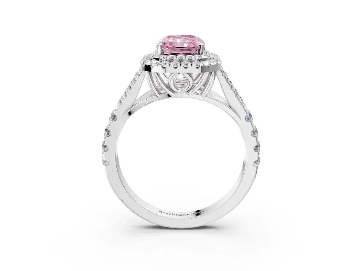 Fancy Pink Radiant Cut Diamond Pavé Split Shank Double Halo Engagement Ring Platinum