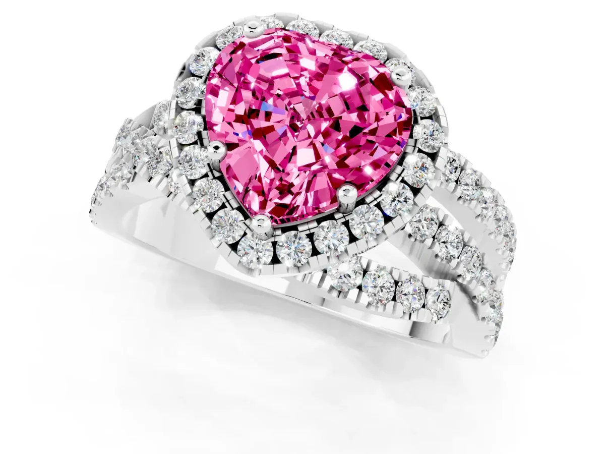 Heart Cut Pink Sapphire Halo Ring with Round Split Shank and Prong Setting Platinum