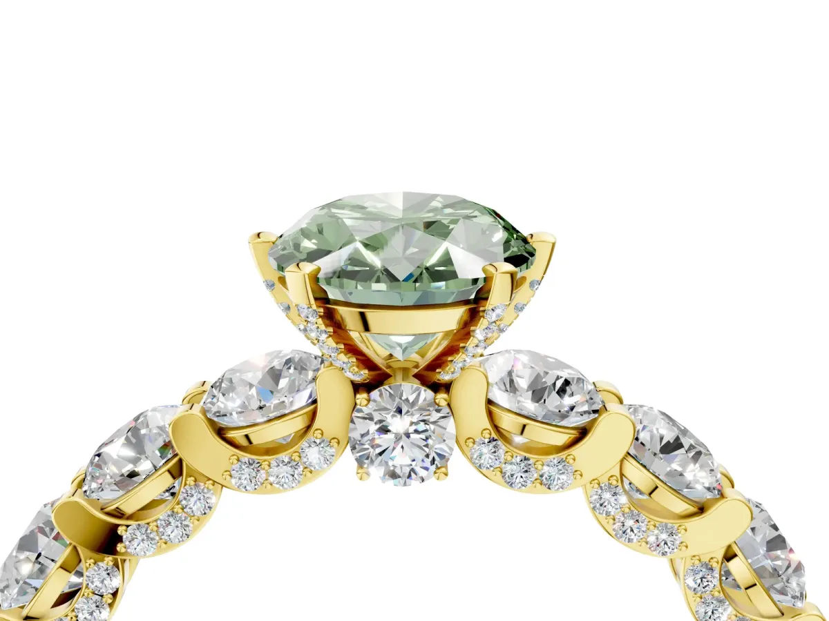 Fancy Green Oval Cut Diamond Side Stone Engagement Ring with Four-Prong Setting Yellow gold