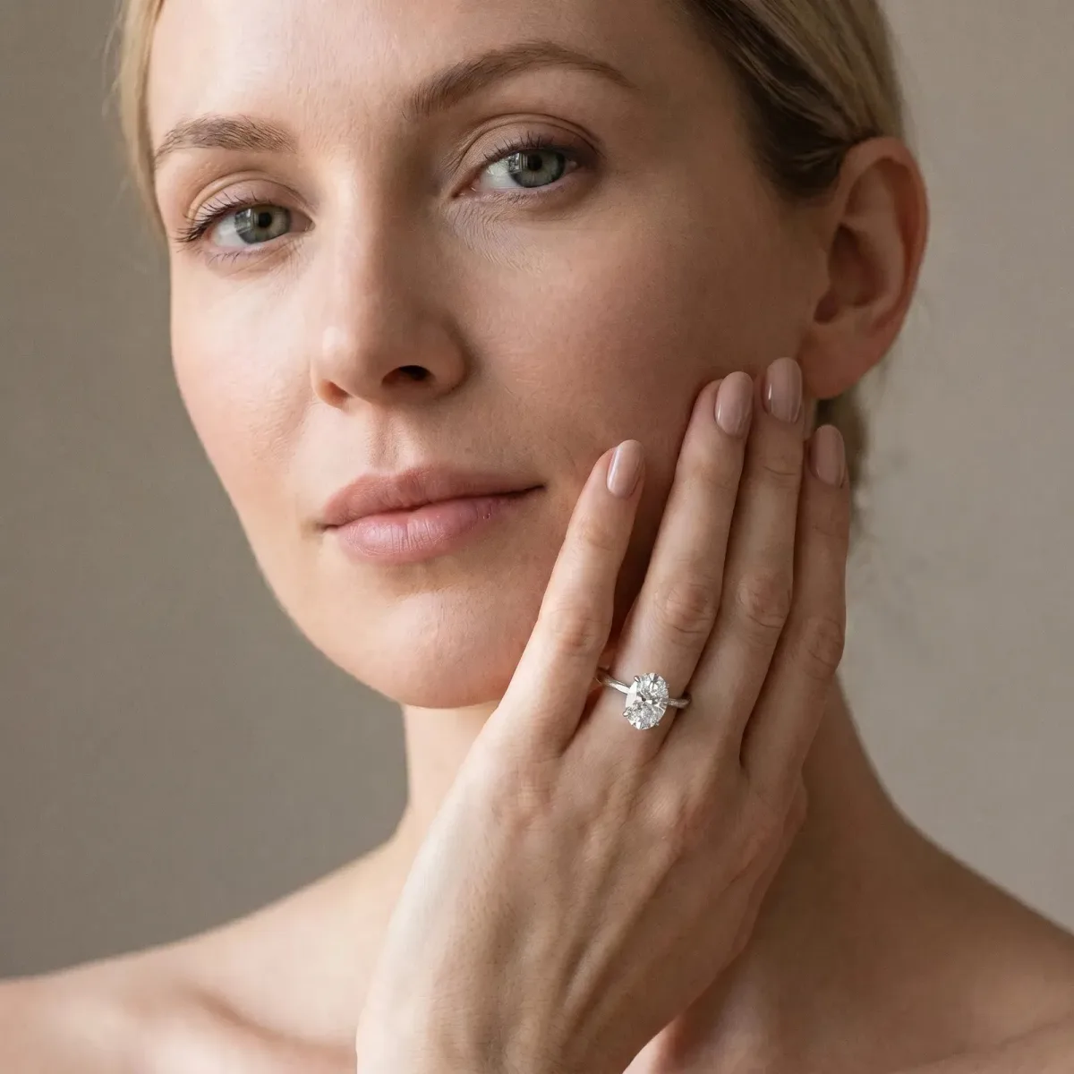 Oval Cut Diamond Solitaire Engagement Ring with Classic Band and Four-Prong Setting Silver