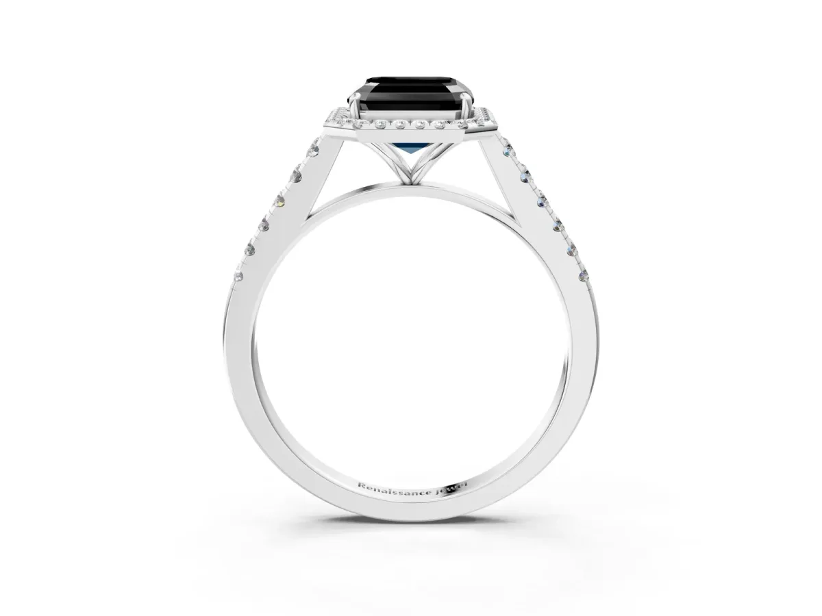 Fancy Black Asscher Cut Halo Pave Diamond Engagement Ring with Four-Prong Setting Platinum