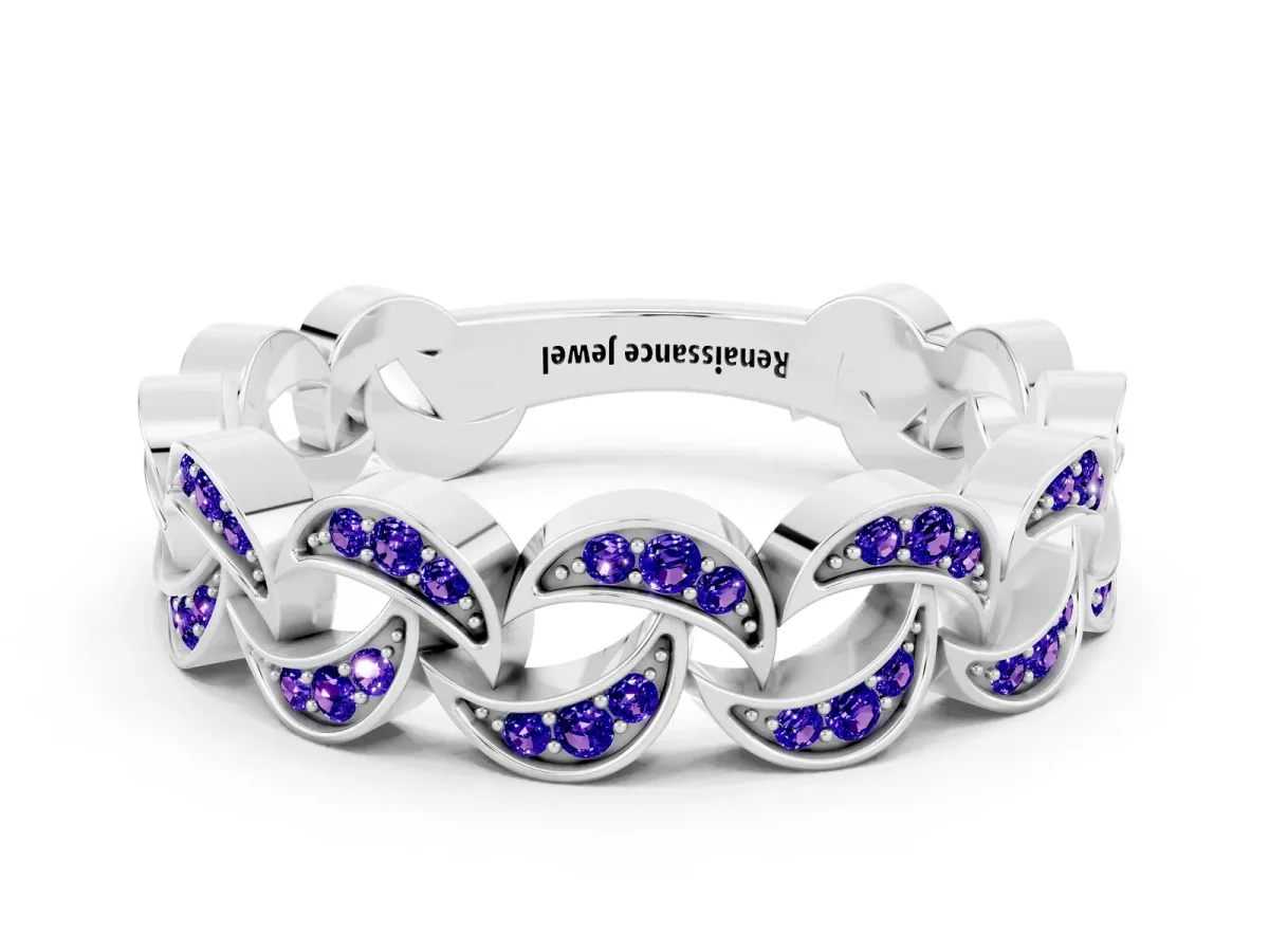 Pavé Round Tanzanite Interlocking Eternity Band with Bezel Prong Setting White gold