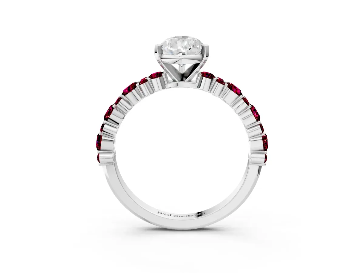 Pear Cut Diamond Side Stone Solitaire Ring with Round Garnet and Four-Prong Setting White gold