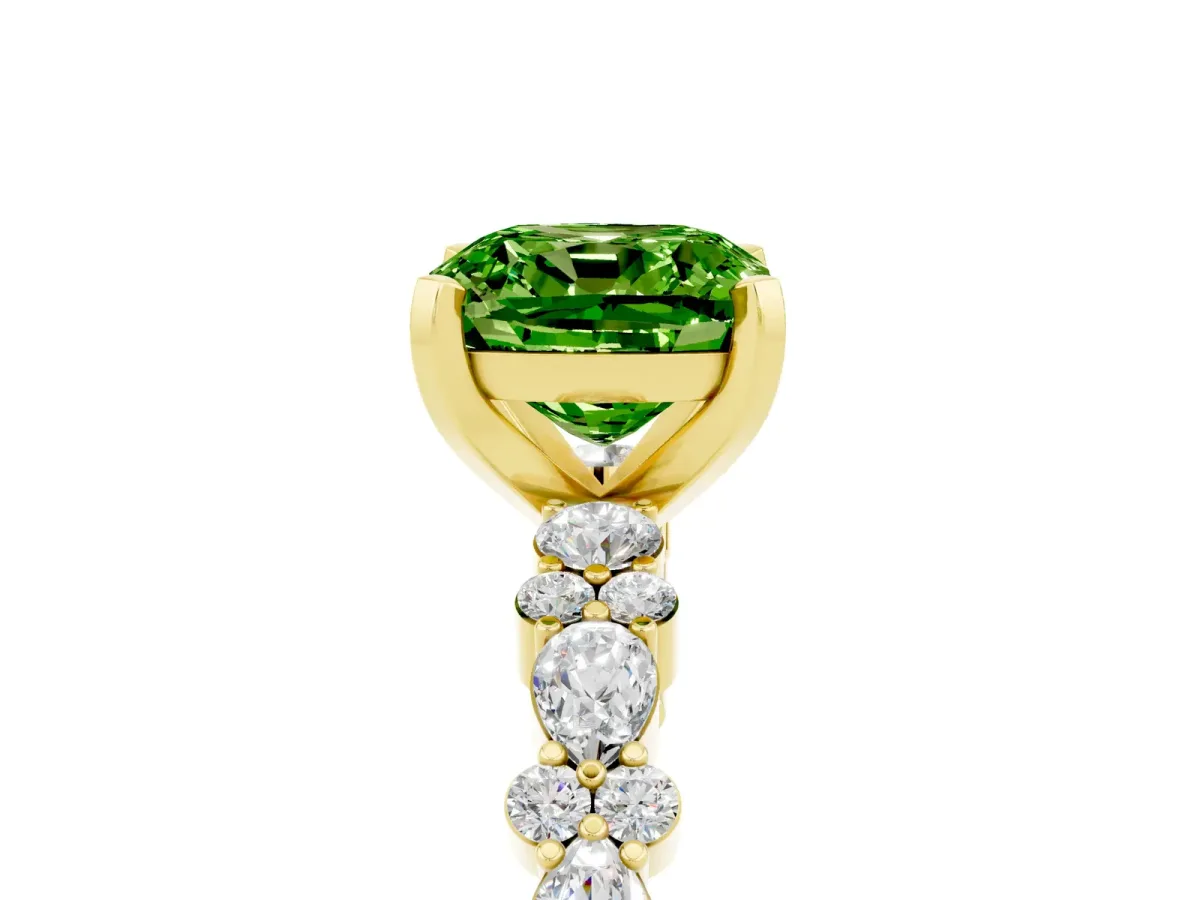 Cushion Cut Peridot Side Stone Solitaire Ring with Round and Four-Prong Setting Yellow gold