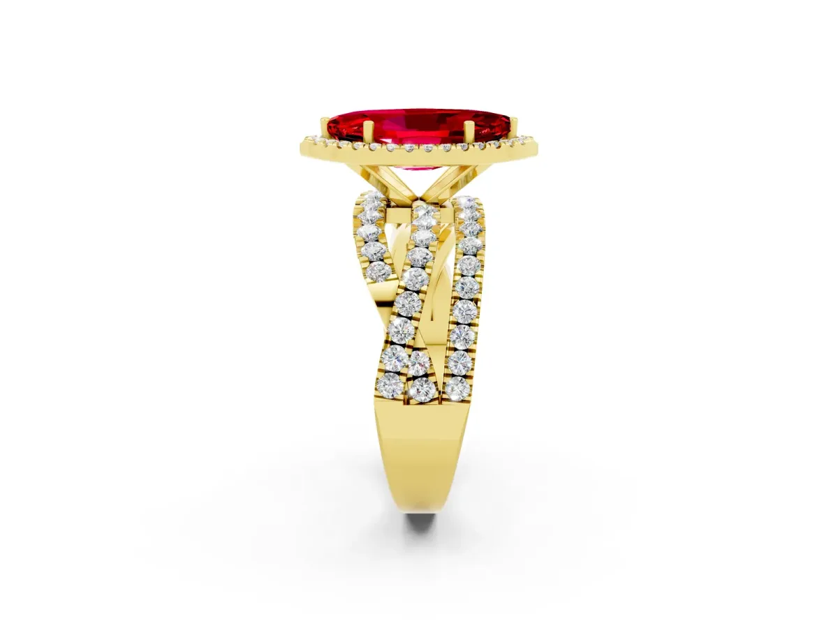 Marquise Cut Ruby Halo Ring with Round Split Shank and Prong Setting Yellow gold