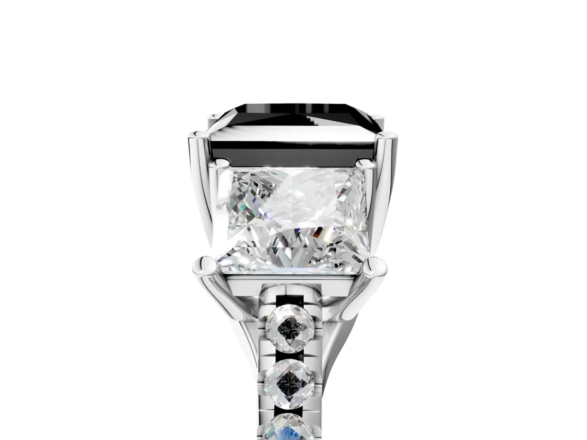 Fancy Black Three-Stone Princess Cut Diamond Ring with Round Pavé Band and Prong Setting Silver