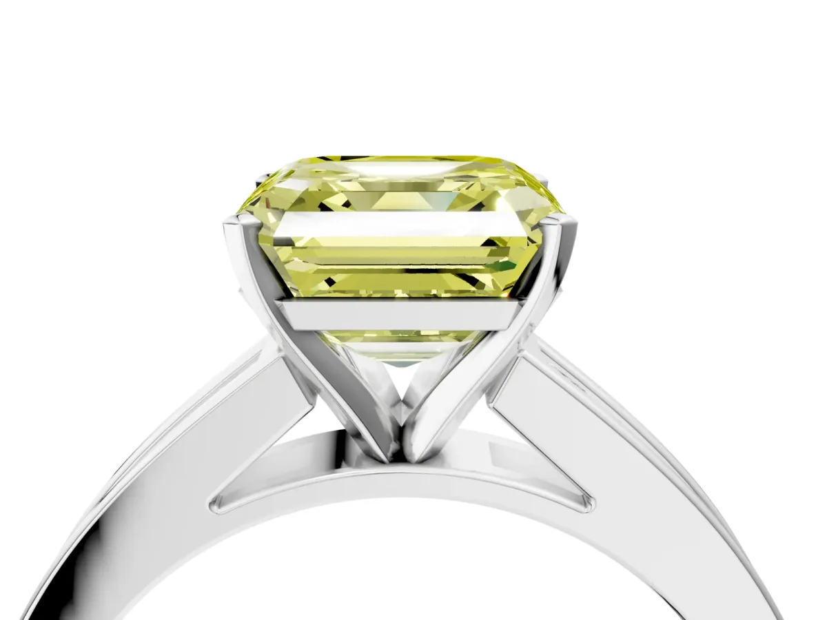 Fancy Yellow Asscher Cut Solitaire Diamond Ring with Channel-Set Band and Four-Prong Setting Platinum