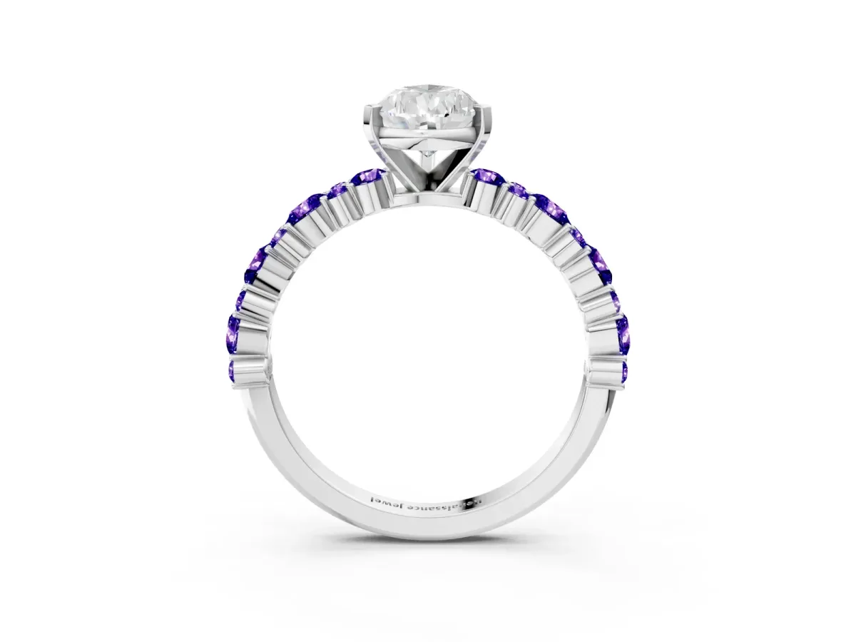 Pear Cut Diamond Side Stone Solitaire Ring with Round Tanzanite and Four-Prong Setting Silver