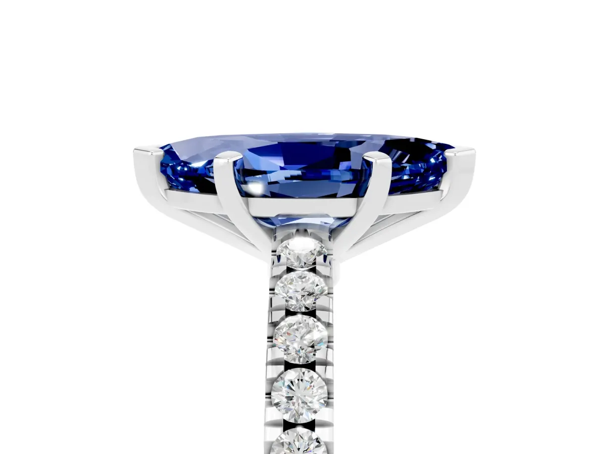 Marquise Cut Solitaire Blue Sapphire with Pavé Band and Four-Prong Setting Silver