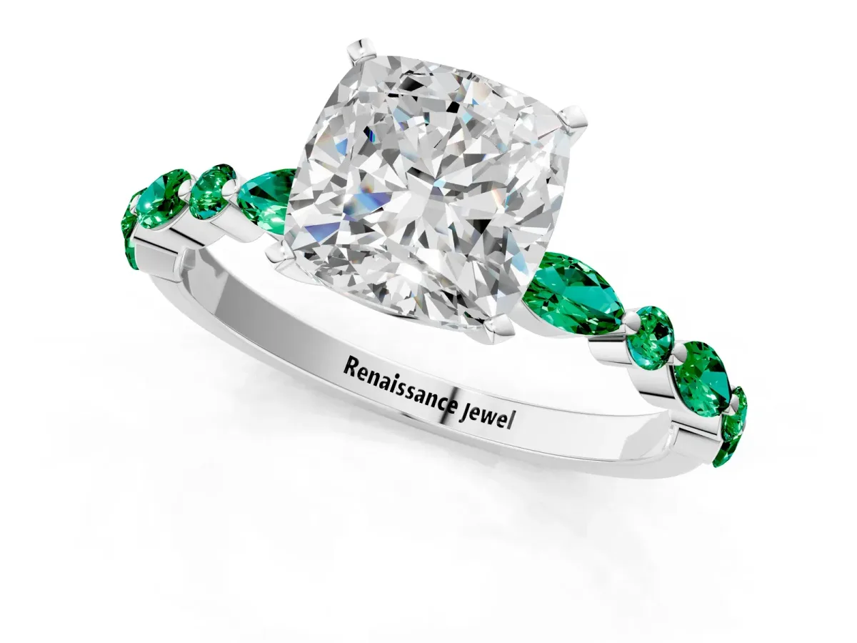 Cushion Cut Diamond Ring with Marquise and Round Emerald Side Stones and Four-Prong Setting Silver