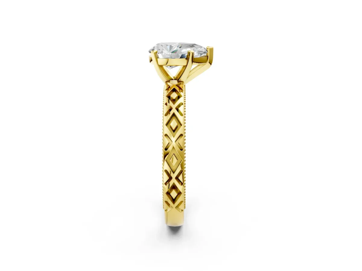 Pear Cut Solitaire Diamond Ring with Milgrain and Black Enamel X Pattern Band Yellow gold