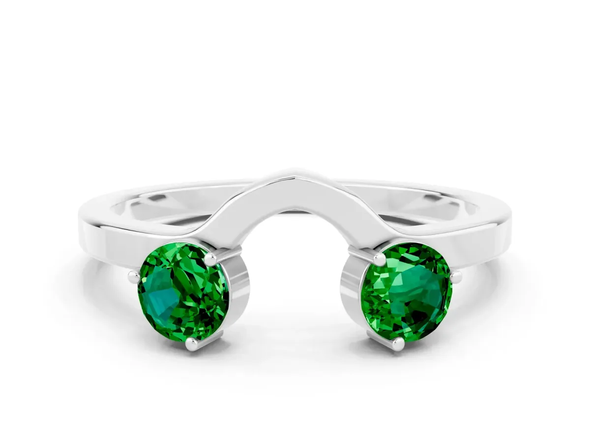 Dual Round Emerald Open Band Ring with Prong Setting White gold